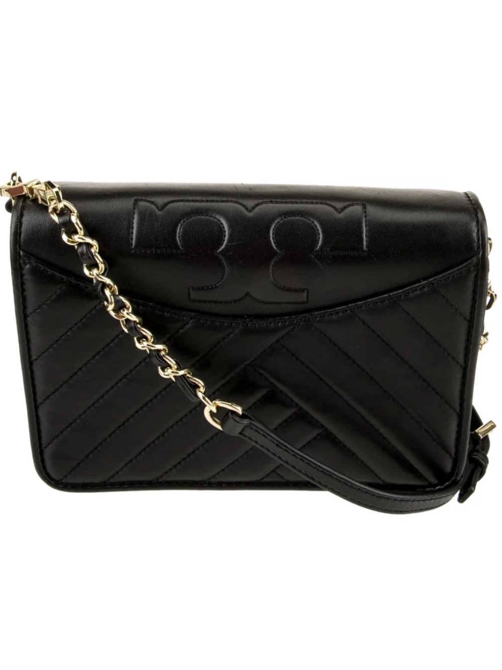 TORY BURCH ALEXA CROSSBODY QUILTED BLACK PURSE WITH REMOVABLE GOLD STRAP